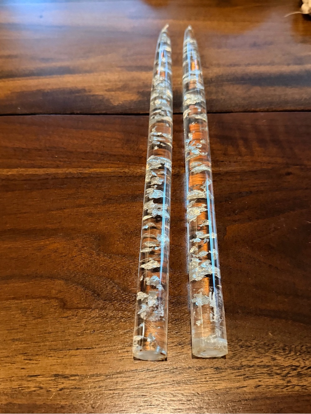 Vtg Pair 12" Lucite Taper Candles Clear Acrylic  Silver Foil Flakes Confetti MCM